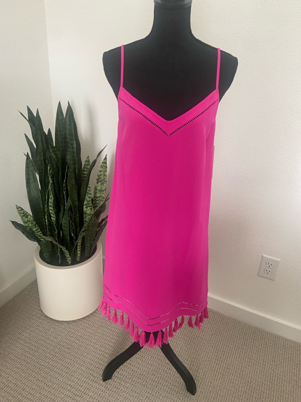 Tassel-Hem Hot Pink Mini Slip Dress